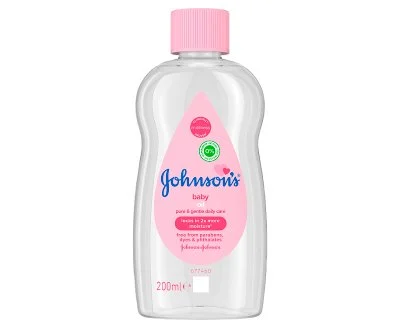 Johnson's Baby Oil 200ml clear bottle with pink cap